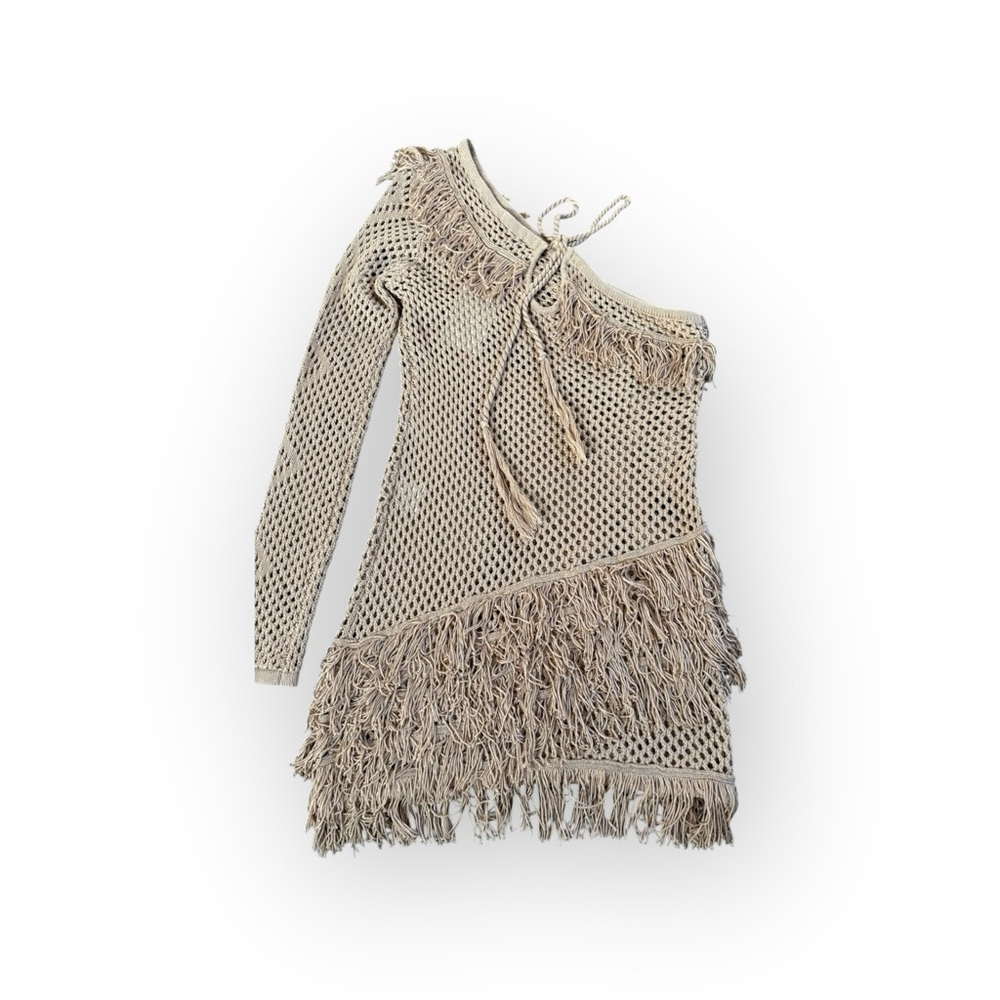 Tularosa Crochet Fringe Knit Dress Beige Tan Boho Resort Cover Up Size M